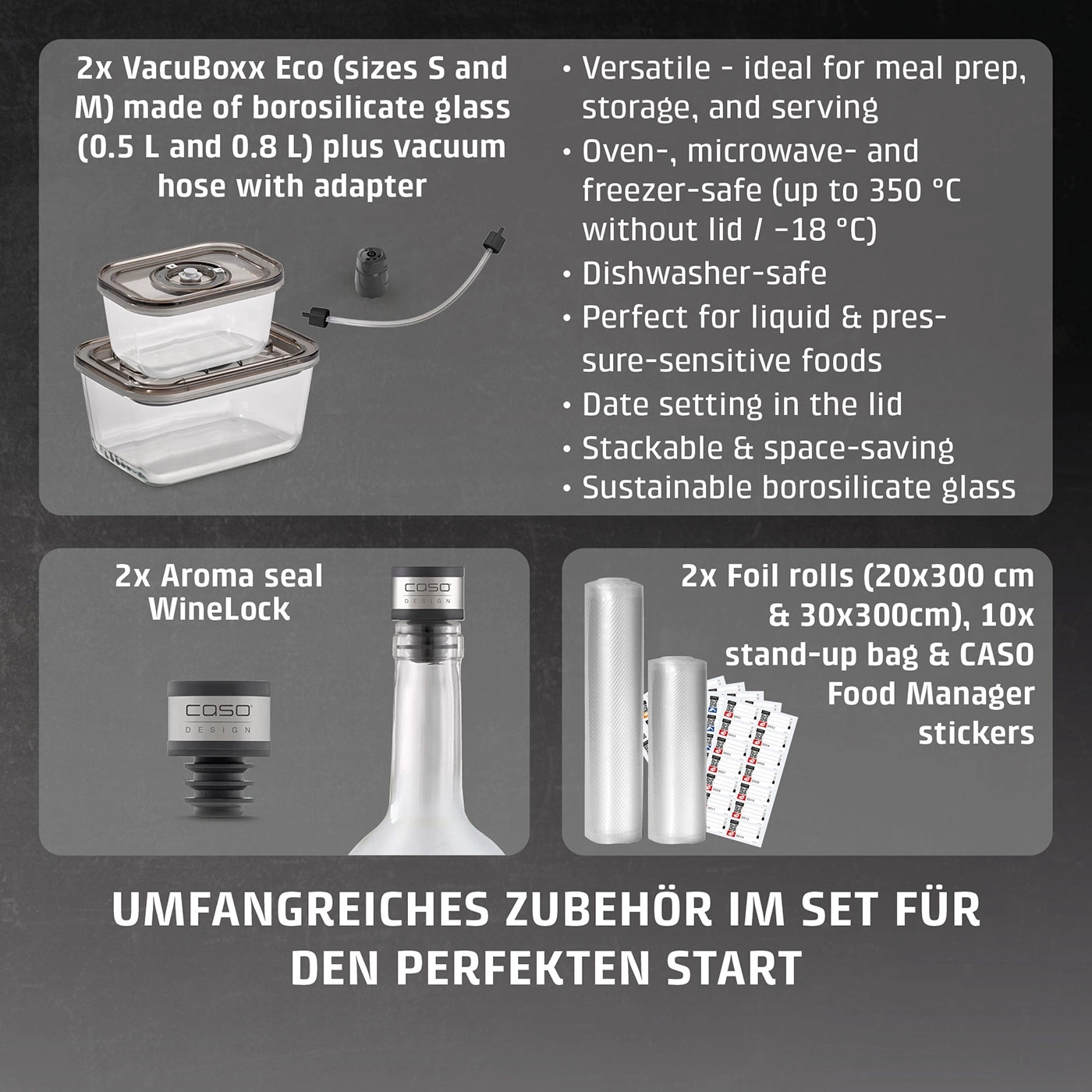 Accessories for vacuum sealer: glass containers, wine stopper, film rolls and stickers.