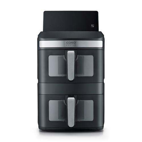 A modern, black dual air fryer tower with silver handles and viewing windows.