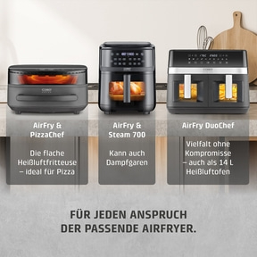 Drei CASO Airfryer im Vergleich auf einer Küchenarbeitsplatte mit Textbeschreibung