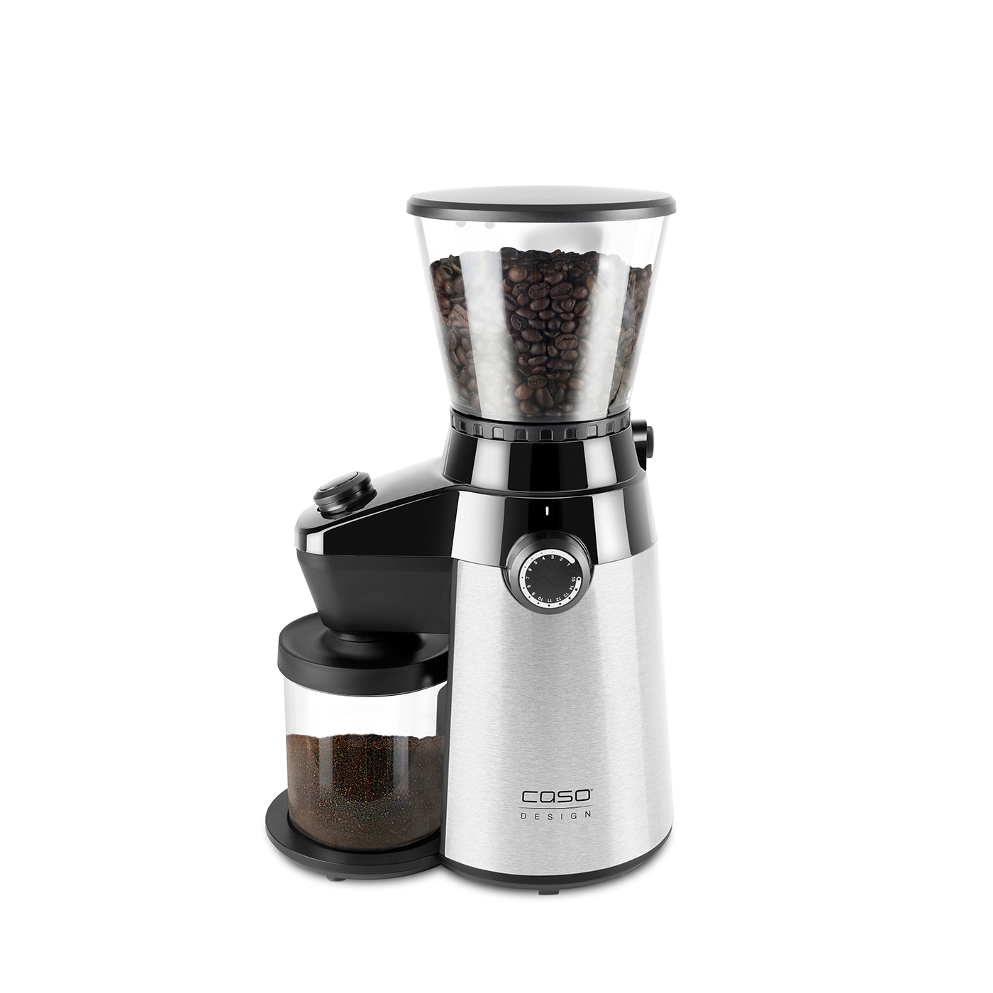 Coffee grinder with beans and ground coffee, stainless steel design, Caso.
