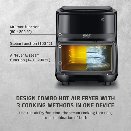 Air fryer with 3 cooking methods: AirFryer, Steam, Combo. COSO Design. Temperature ranges are shown.