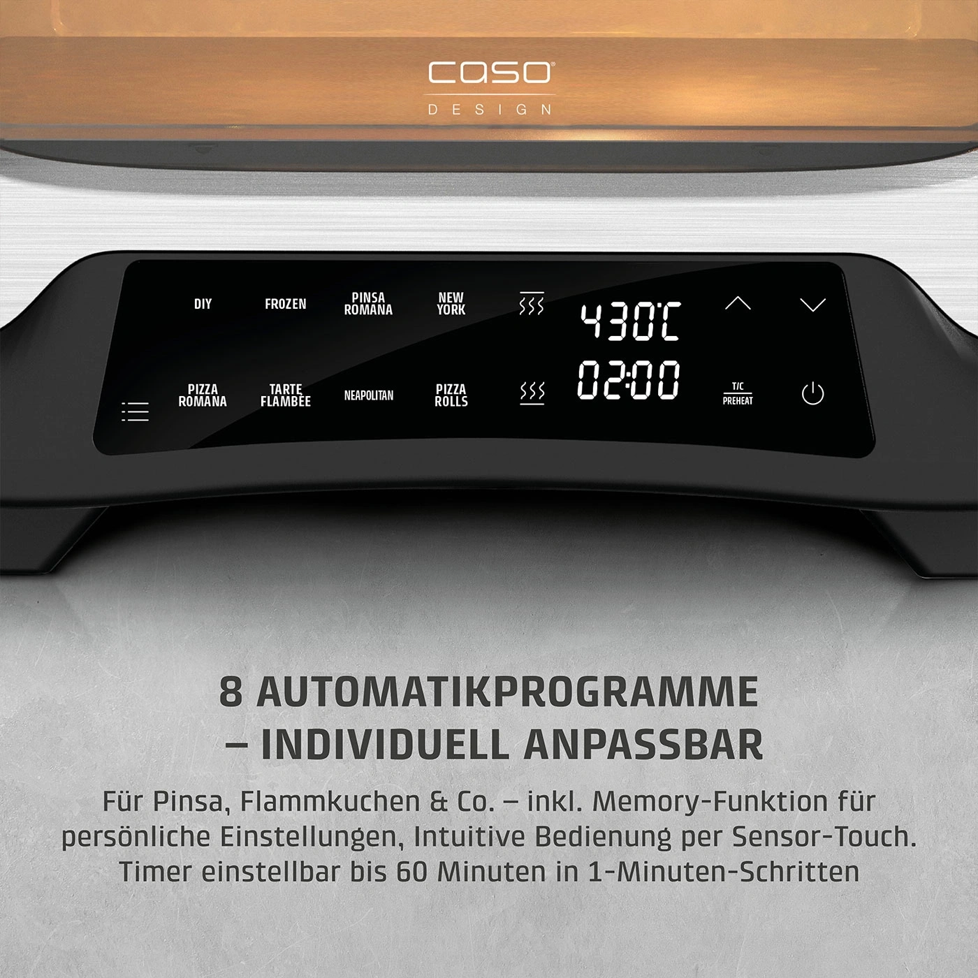 Ofen mit Programmen, Temperatur und Timer-Funktion, für Pizza und mehr.