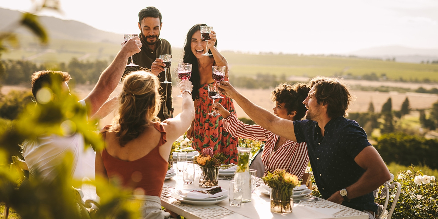 Friends toasting with wine glasses while sitting outdoors on a sunny day.