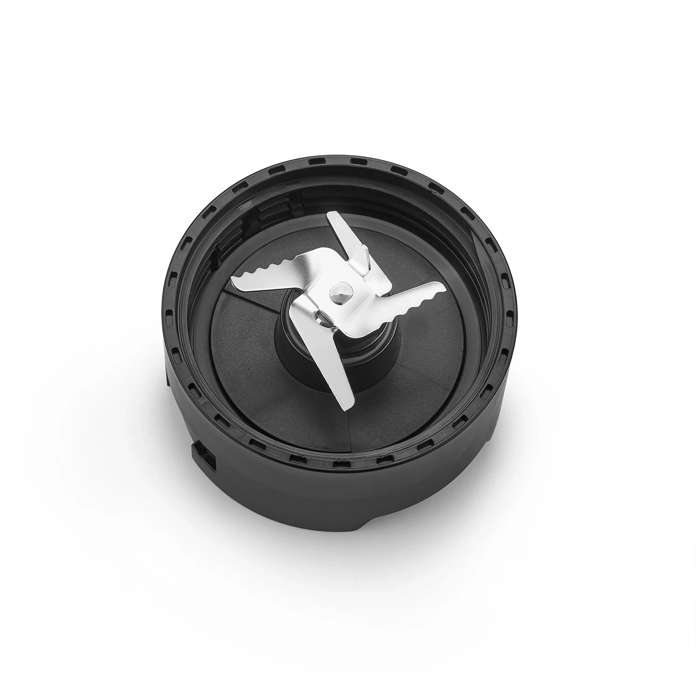 Close-up of black blender attachment with blades on white background
