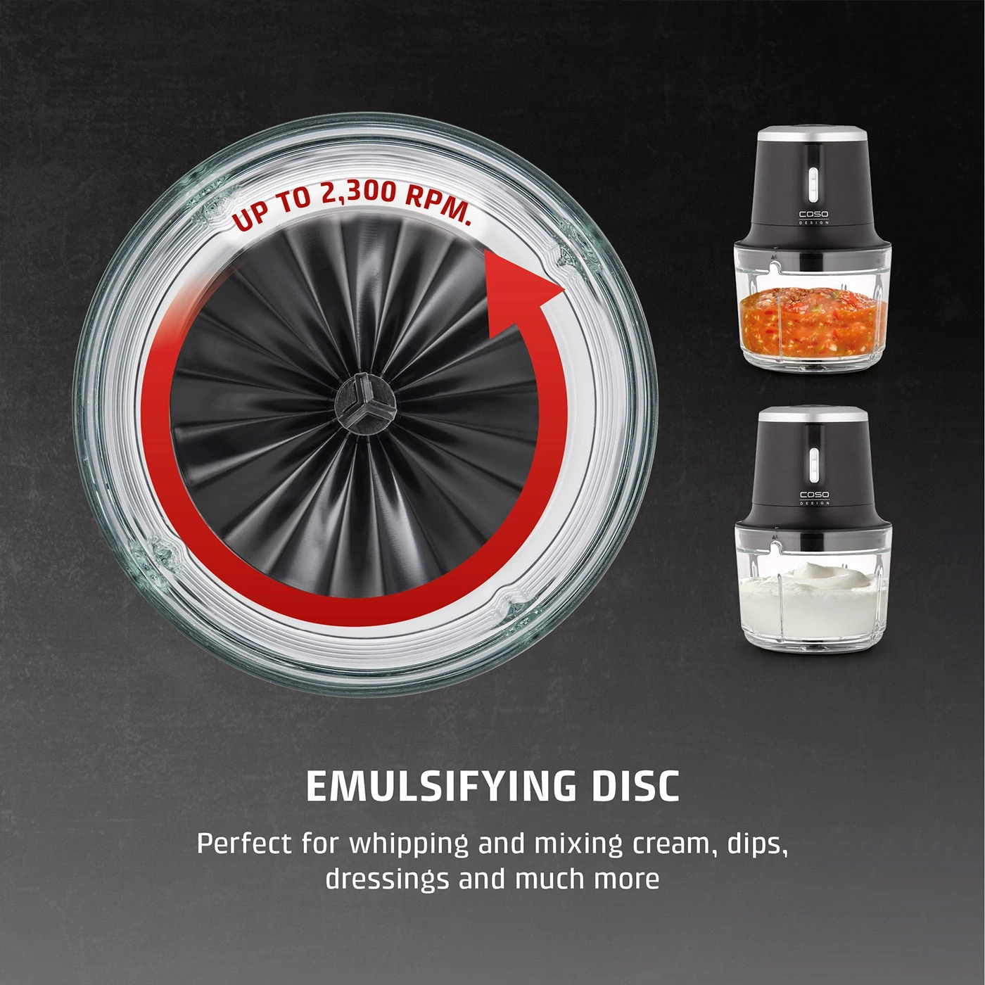 A kitchen appliance with an emulsifying disc for up to 2,300 rpm.
