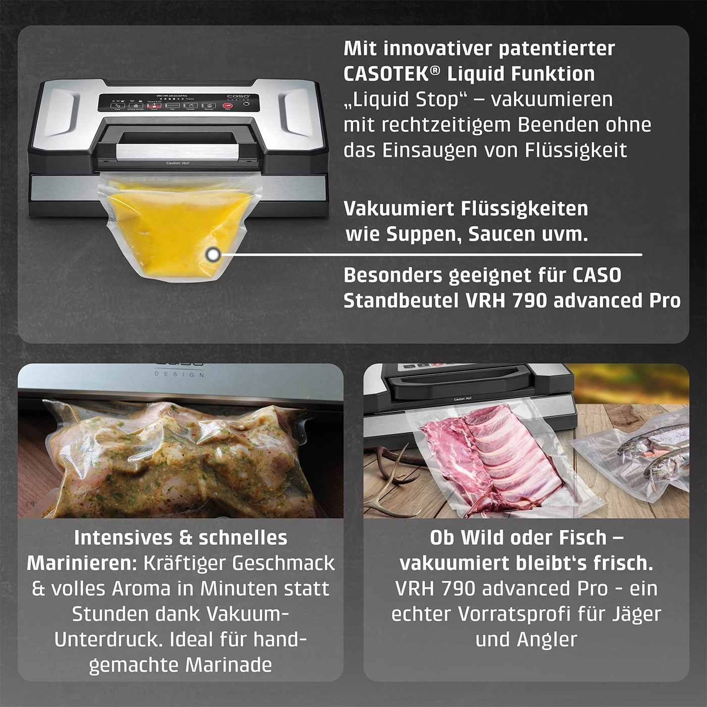 Vakuumiergerät mit Text über Flüssigkeiten, Marinieren und Wild oder Fisch.