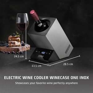 Wine cooler with wine, glass, food, dimensions, text, black, gray, table