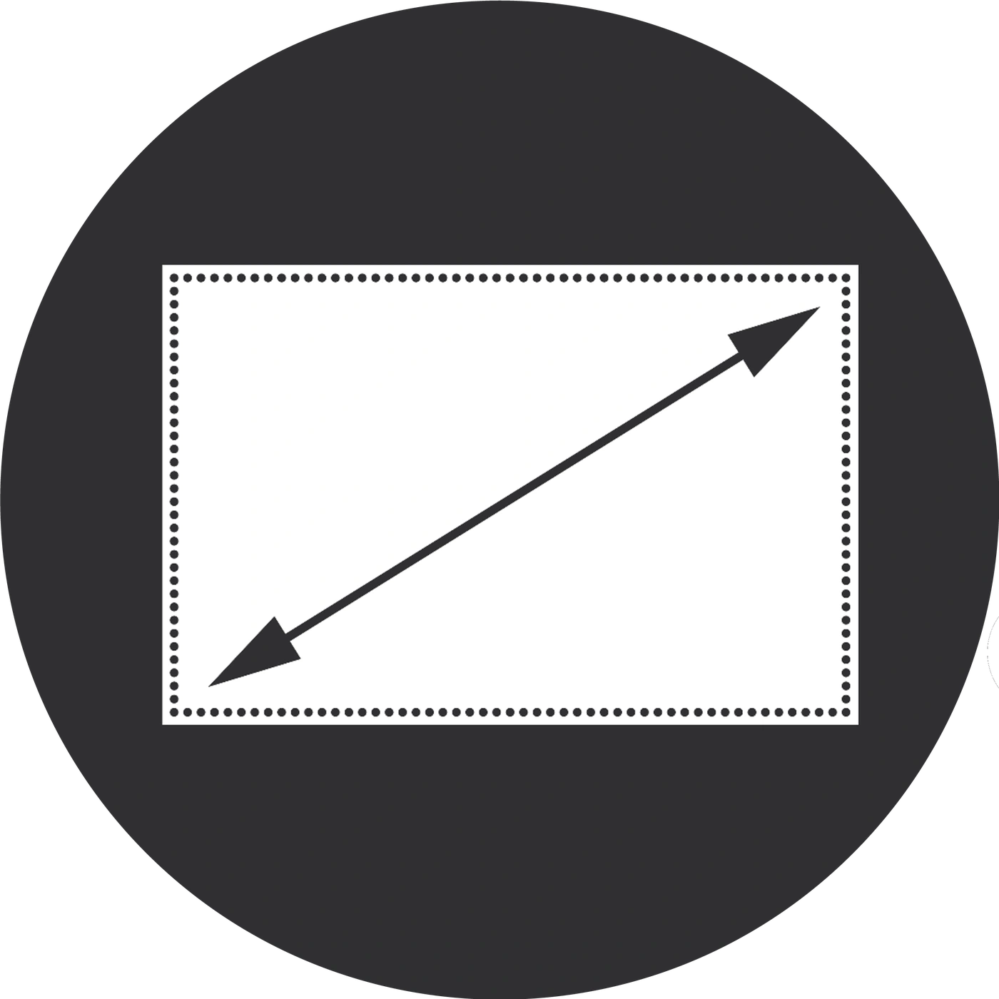 Diagonal symbol, black circle, white rectangle with dotted lines and arrow