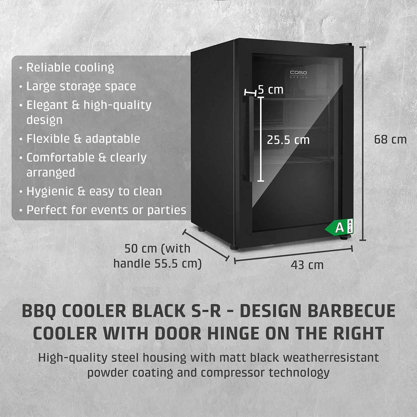 Black cooler with features like reliability, design, and party suitability. Dimensions: 50x43x68 cm.