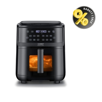 Black air fryer with discount sale sign, displaying 180 degrees and 33 minutes.