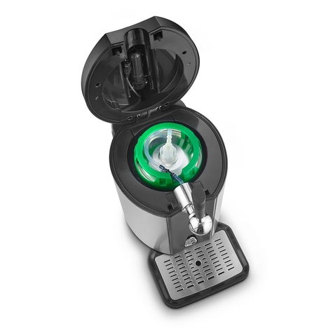Beer cooler with open lid, green ring and tap, isolated on white background.