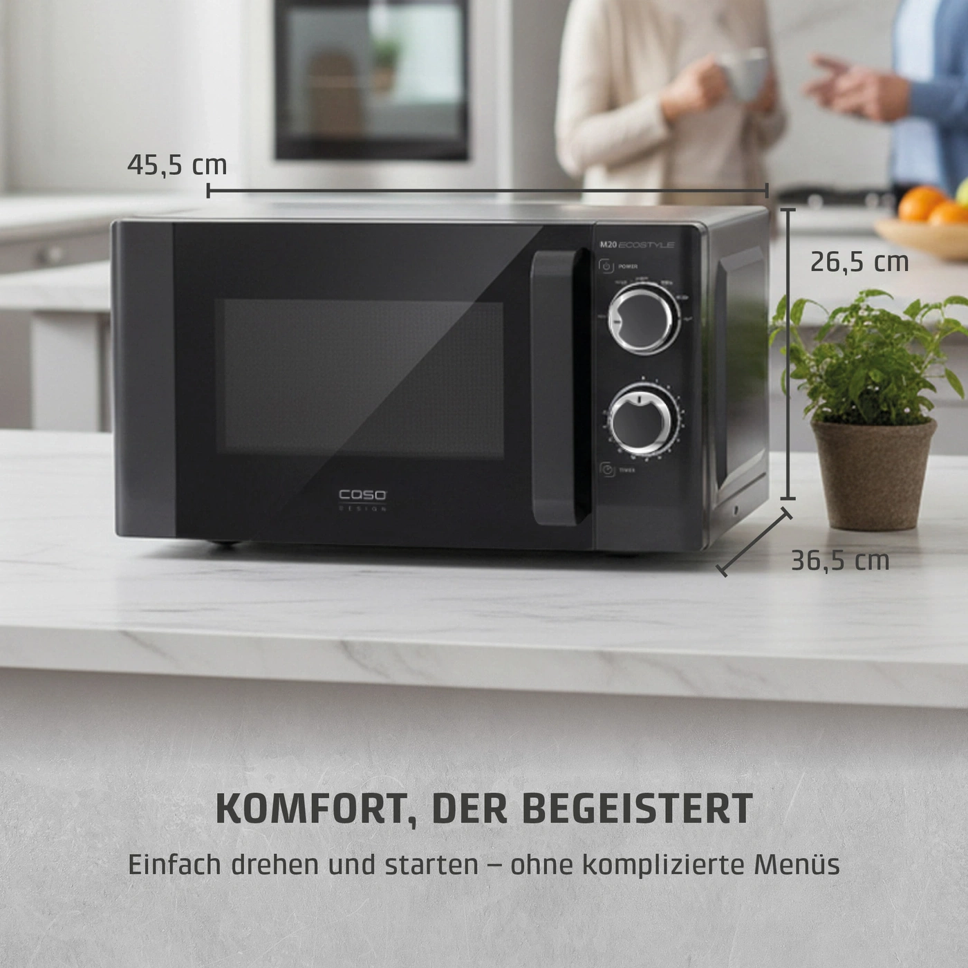 Eine schwarze Mikrowelle mit Maßen 45,5 cm, 26,5 cm und 36,5 cm.