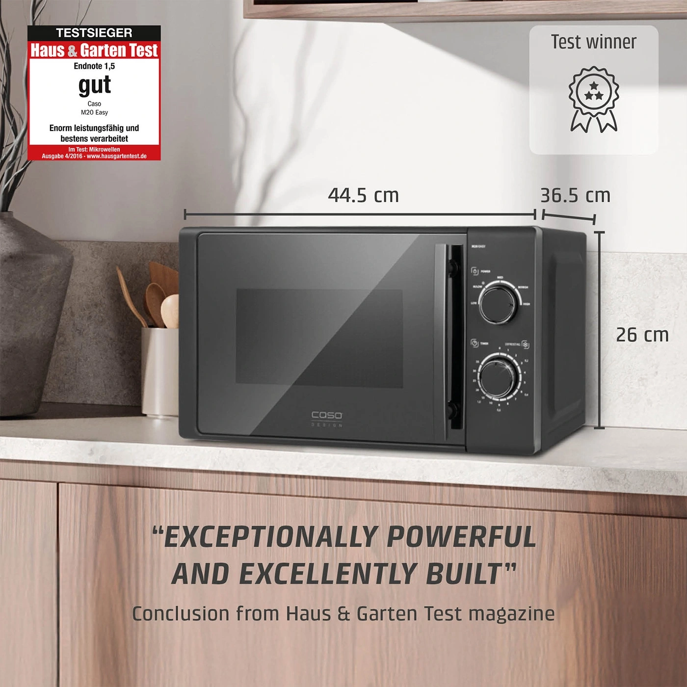 Microwave with dimensions and test rating from Haus & Garten Test.