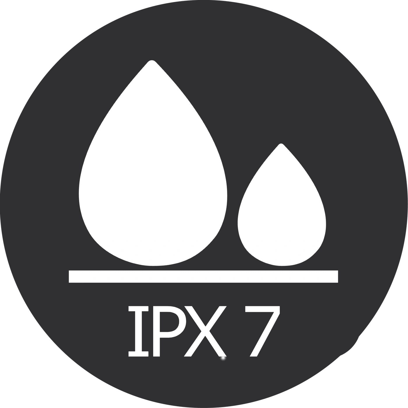 Wasserdichtes Symbol mit Tropfen und IPX 7-Bewertung, für wasserdichte Geräte.
