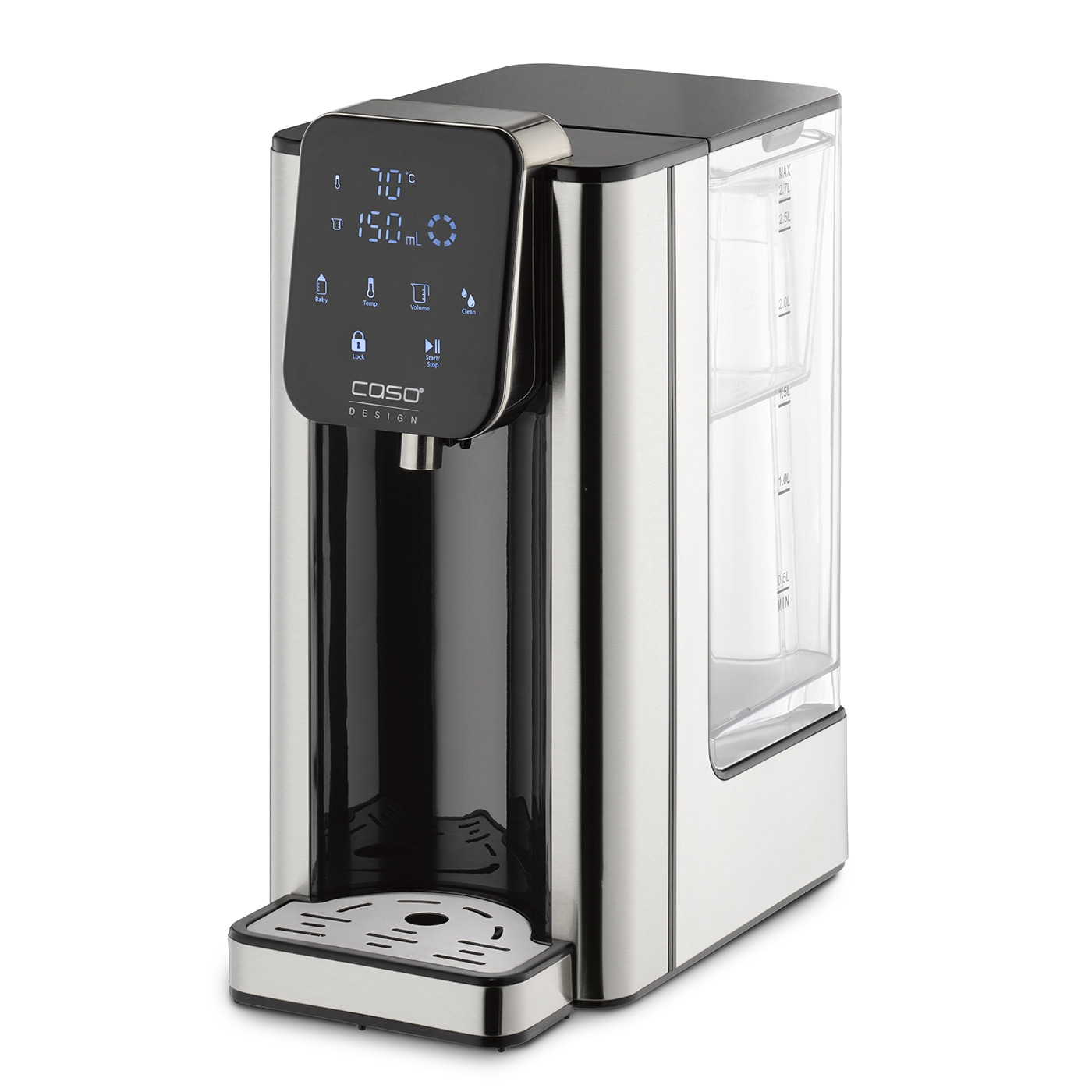 Stainless steel water boiler with digital display and water tank for hot beverages.