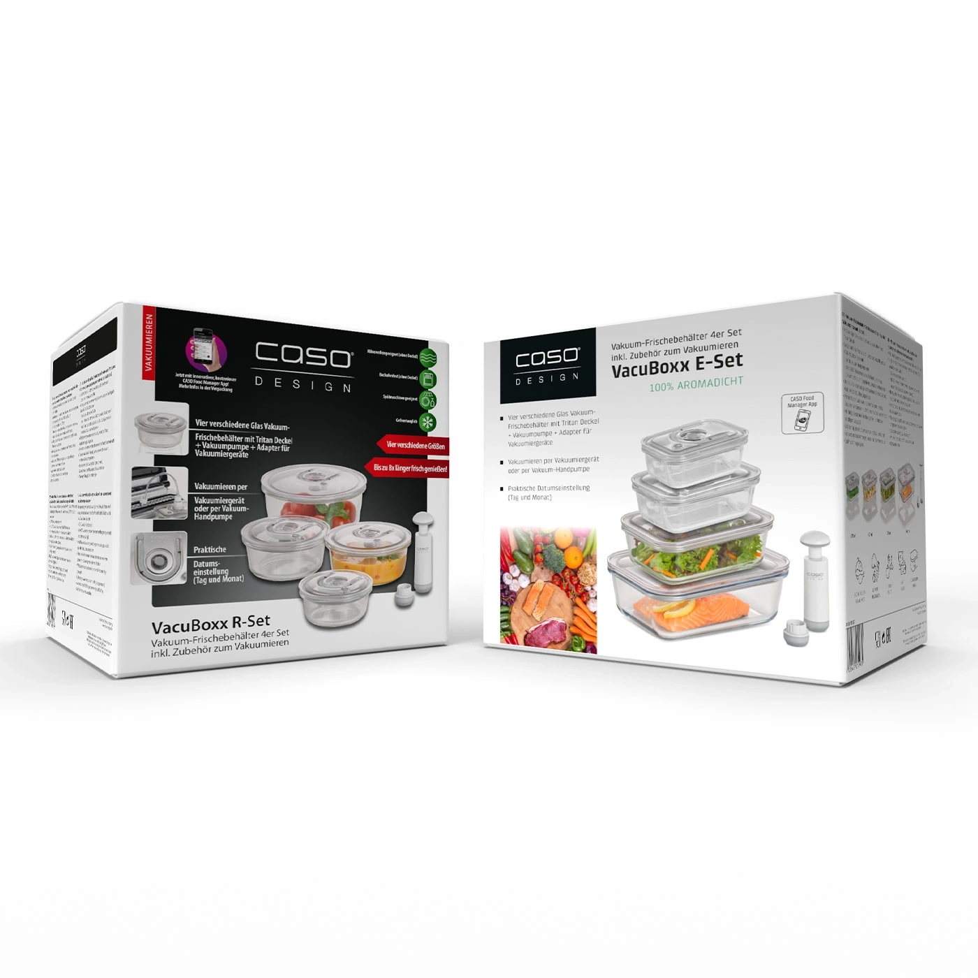 VacuBoxx R-Set and E-Set: Vacuum food containers with accessories for longer freshness.