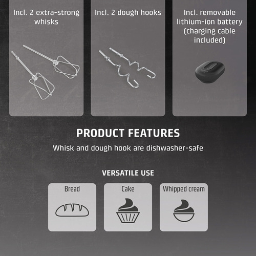 Hand mixer with accessories: whisks, dough hooks, battery, bread, cake, cream.