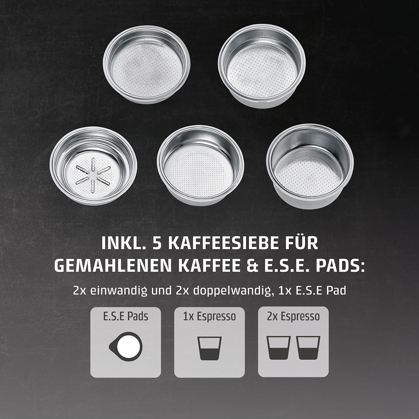 Kaffeesiebe für gemahlenen Kaffee und E.S.E. Pads, 5 Stück, 2x einwandig, 2x doppelwandig, 1x E.S.E Pad