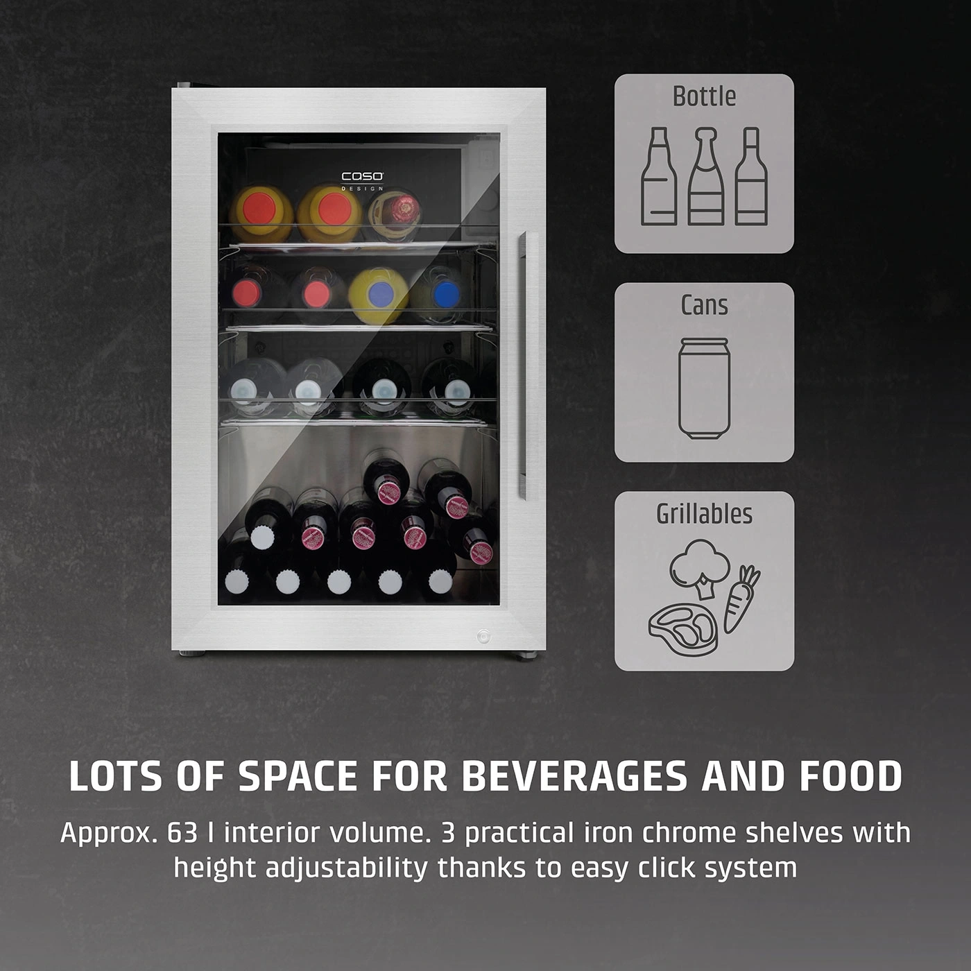 Refrigerator with drinks and snacks, lots of space, BBQ cooler, bottles, cans, grilled food.