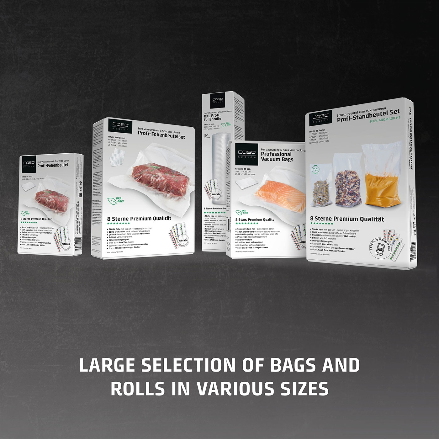 Vacuum bags and rolls in various sizes. Food packaging for preservation.