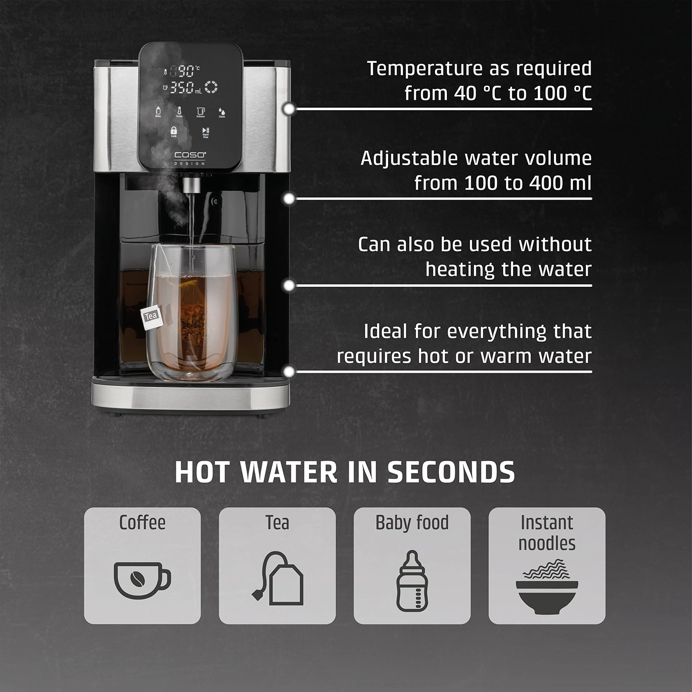 Hot water dispenser with temperature control and various applications like coffee and tea.