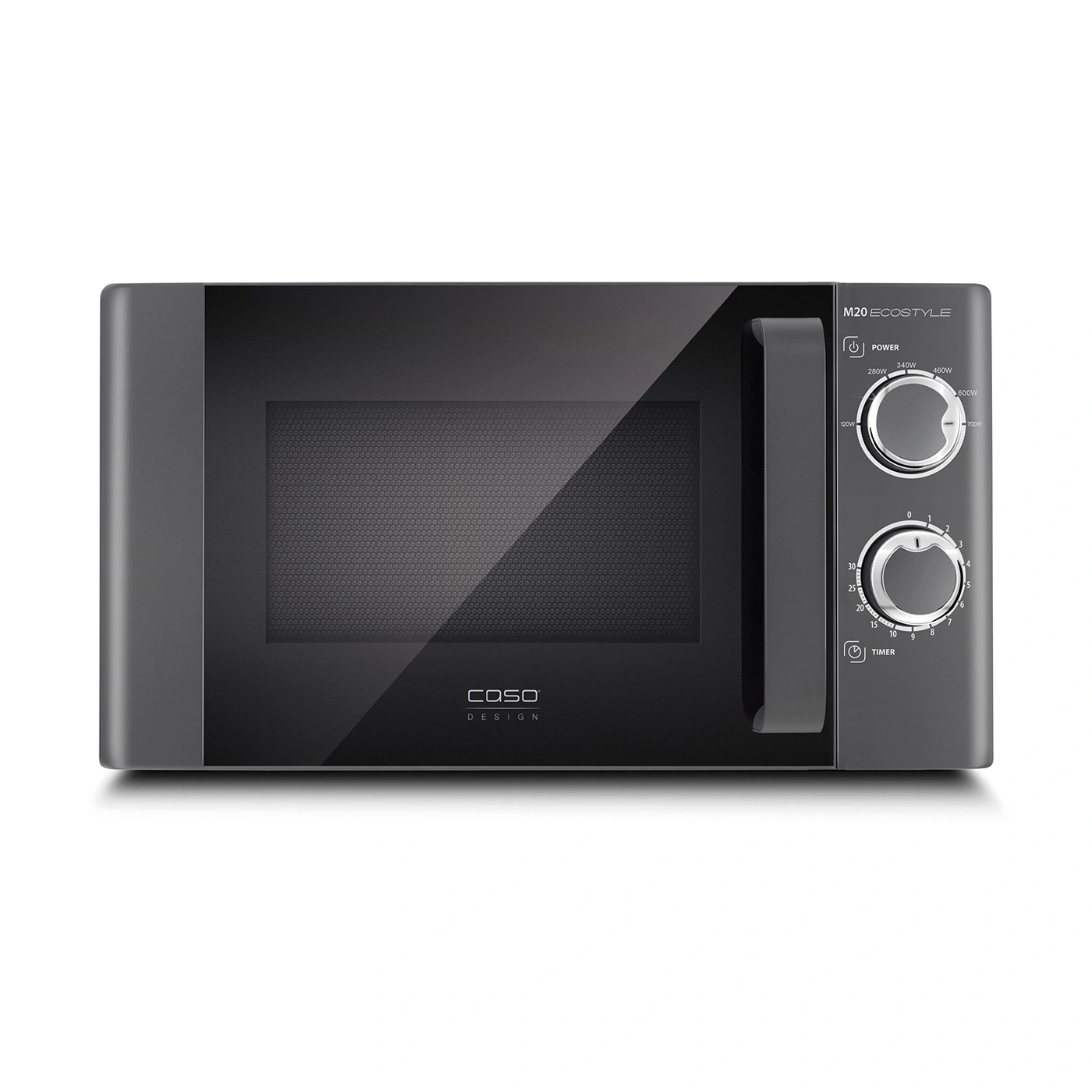 Caso M20 Ecostyle microwave, gray, with dials for power and timer settings.