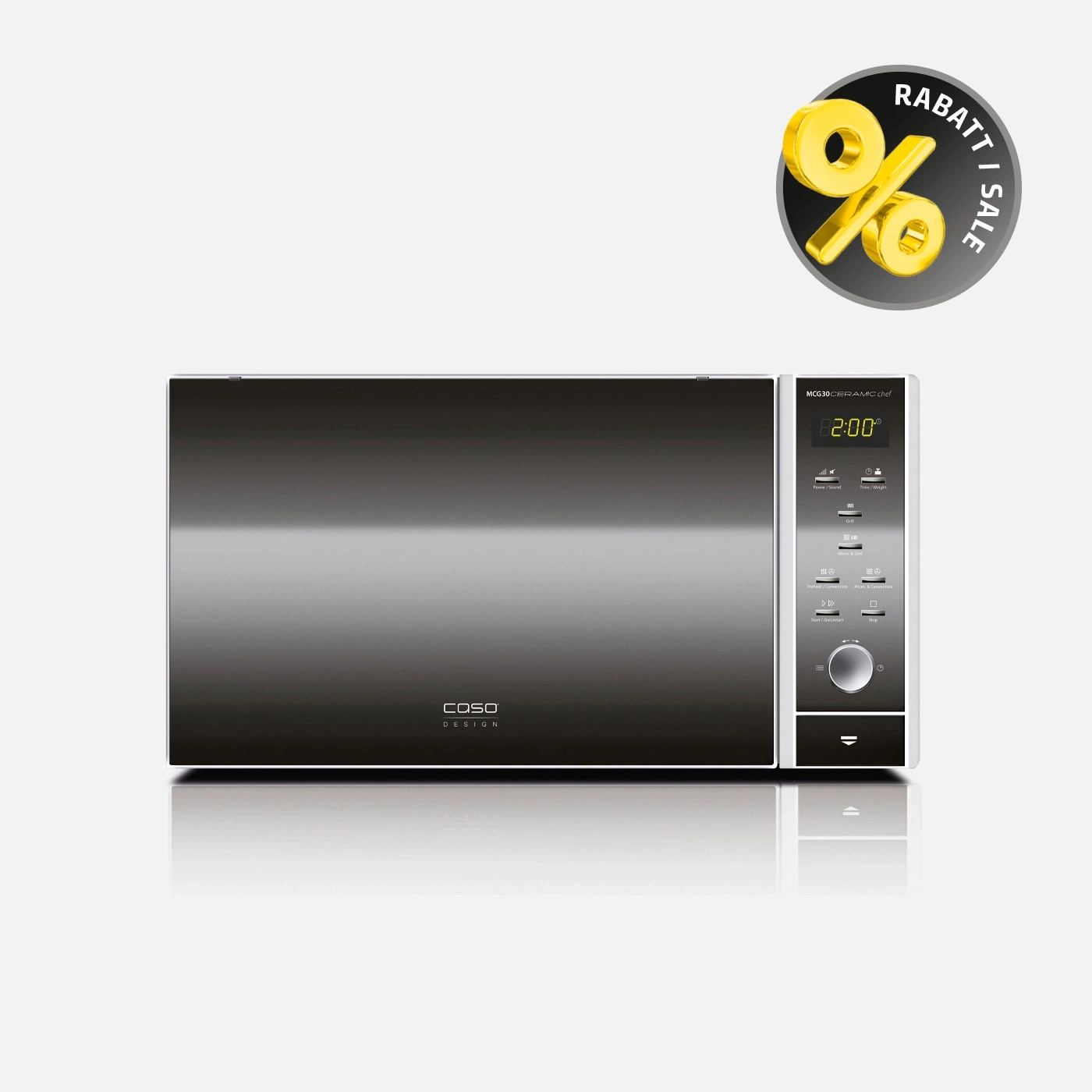 A modern microwave oven with a discount symbol in the upper right corner.