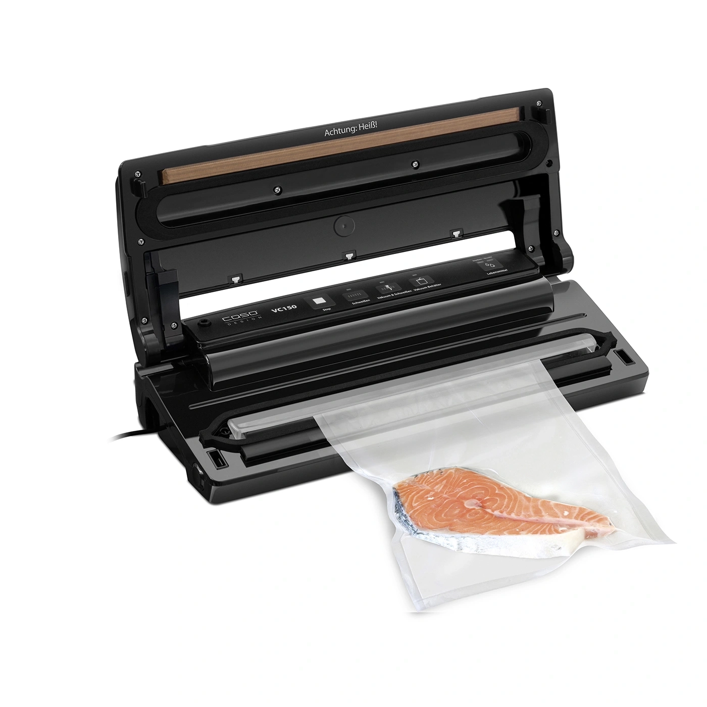 Vacuum sealer with salmon in a bag, ready for vacuum sealing.