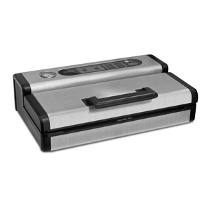 Silver vacuum sealer with black handle and control panel. Caution: Hot.