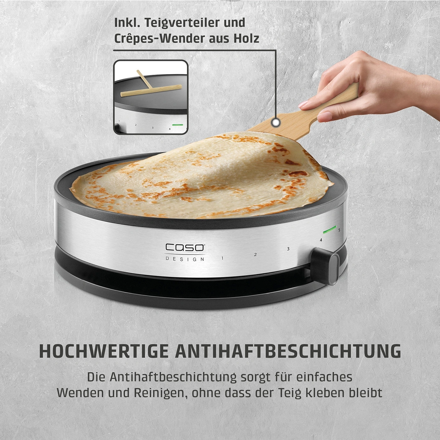 Crêpes-Maker mit Holz-Wender und Teigverteiler