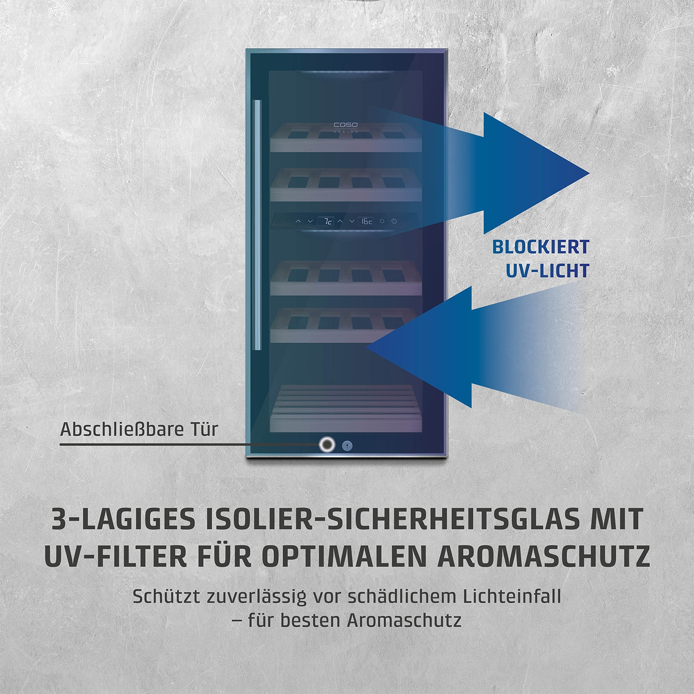 Weinkühlschrank mit UV-Filter, abschließbarer Tür, Aromaschutz, 3-lagiges Isolierglas.