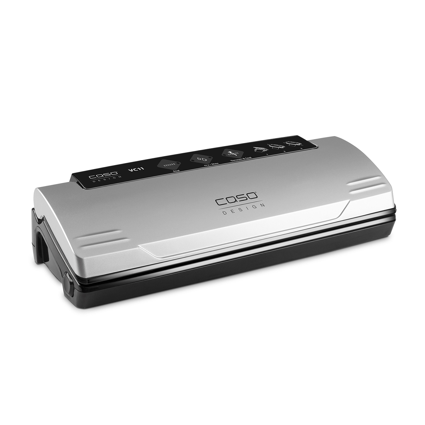 Silver Caso VC11 vacuum sealer, electronic controls, modern design, kitchen appliance