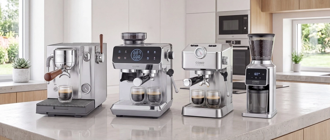 Multiple espresso machines and a coffee grinder are displayed on a kitchen counter.