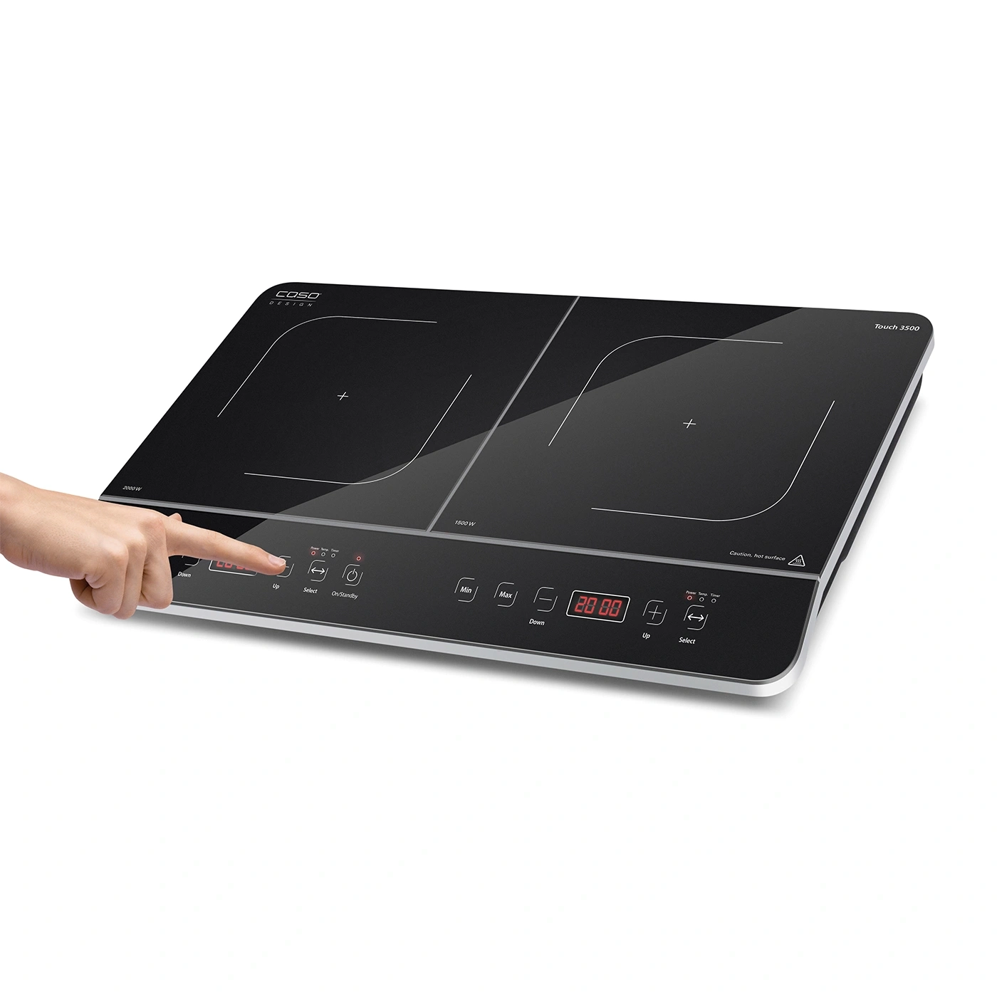 Induction cooktop with touch panel, black surface, hand touching the control panel.