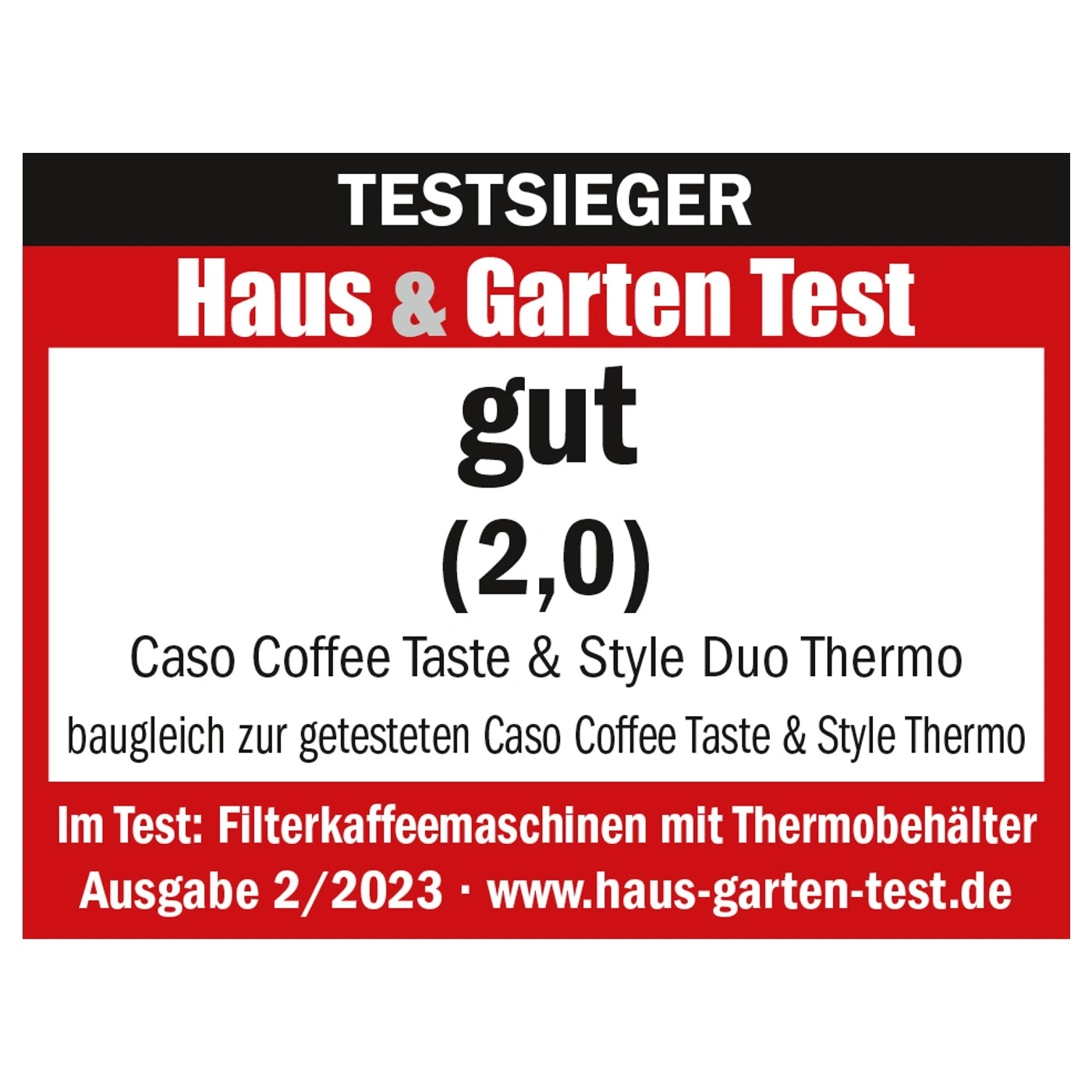 Test award for Caso Coffee Taste & Style Duo Thermo, grade good (2.0).