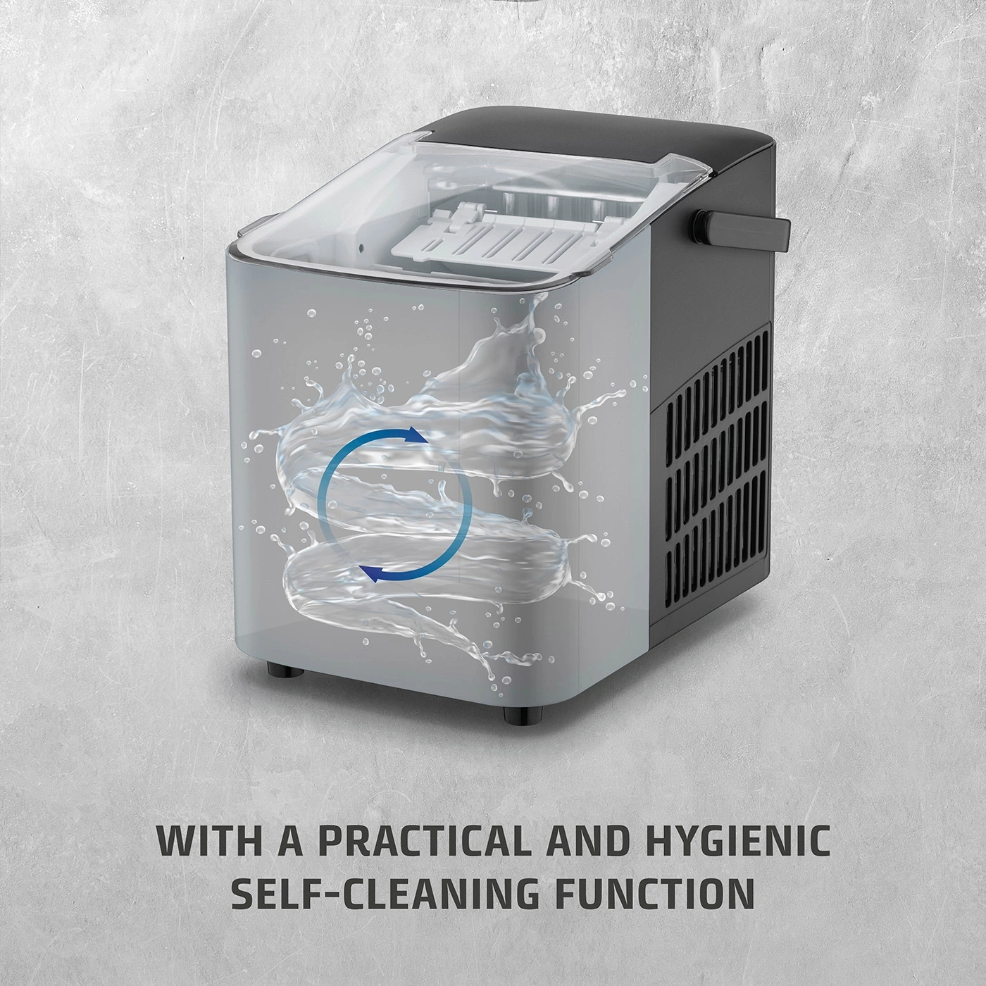 Ice machine with self-cleaning function, water, arrow, clean, hygienic, practical, gray, black