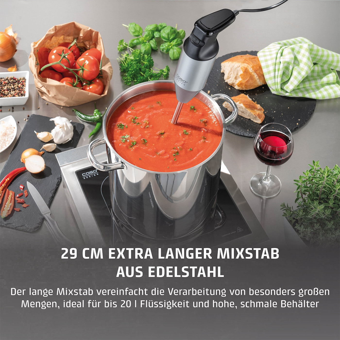 Mixstab in Suppe, Zutaten, Brot, Wein, Kochutensilien, Edelstahl, 29 cm, Kochen, Küche, Essen