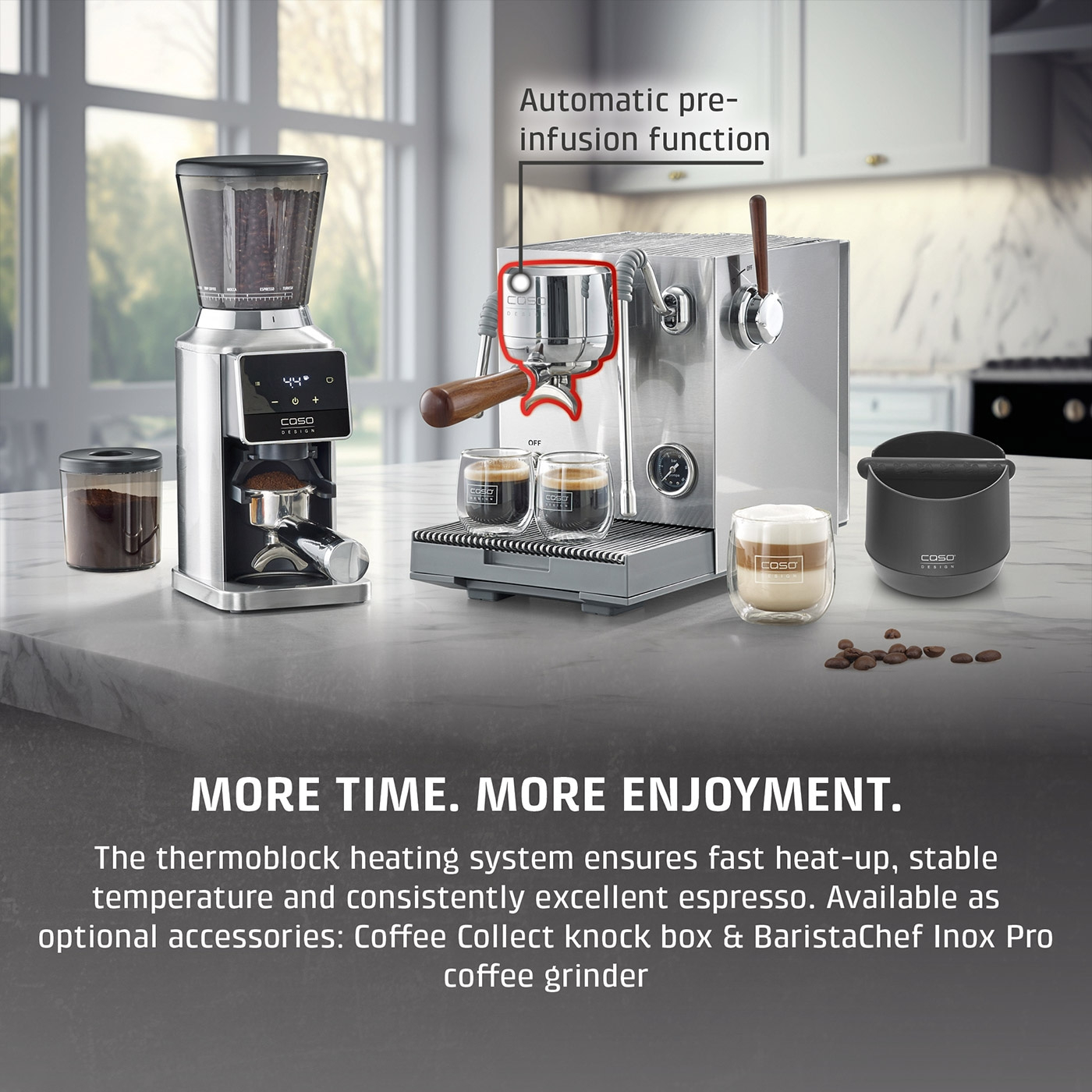 A coffee machine with a grinder and accessories on a countertop.