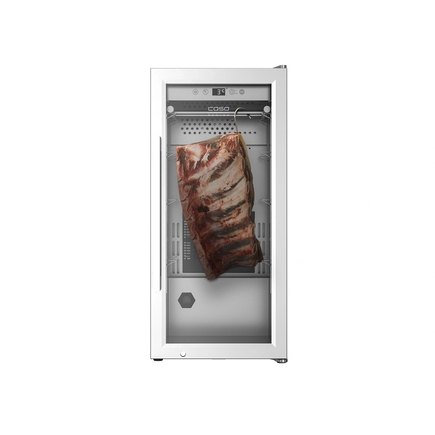 Dry aging cabinet with meat. White casing, glass front, temperature display, Caso logo.