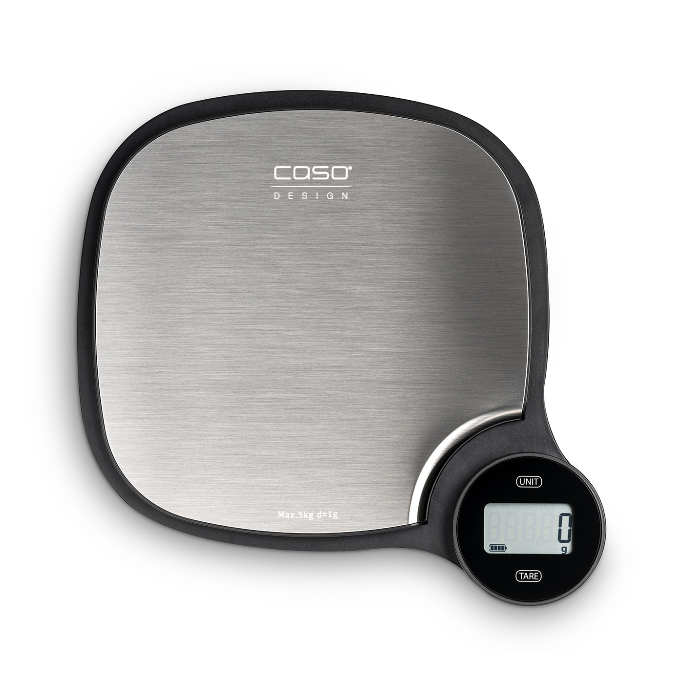 Kitchen scale with digital display, stainless steel surface, black frame, Caso Design, weighing