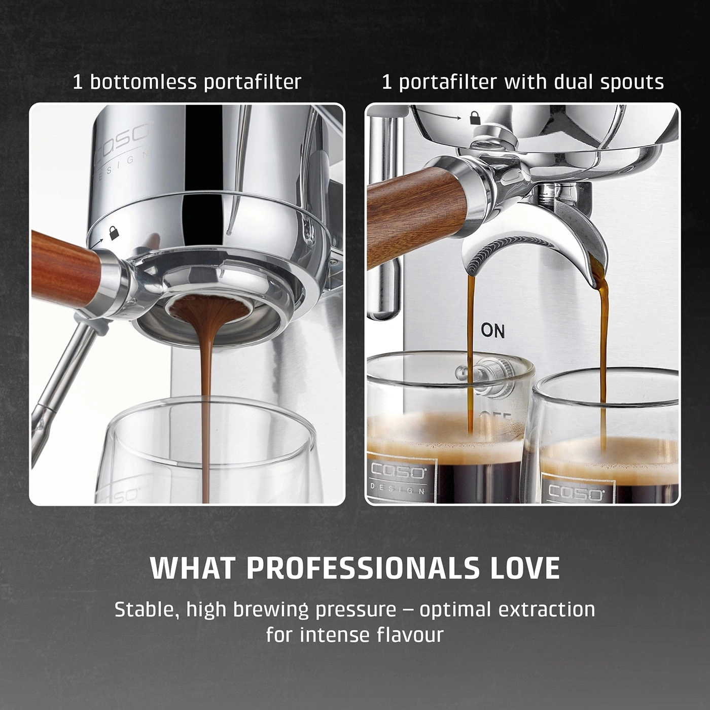 Two espresso machine portafilters with coffee spouts