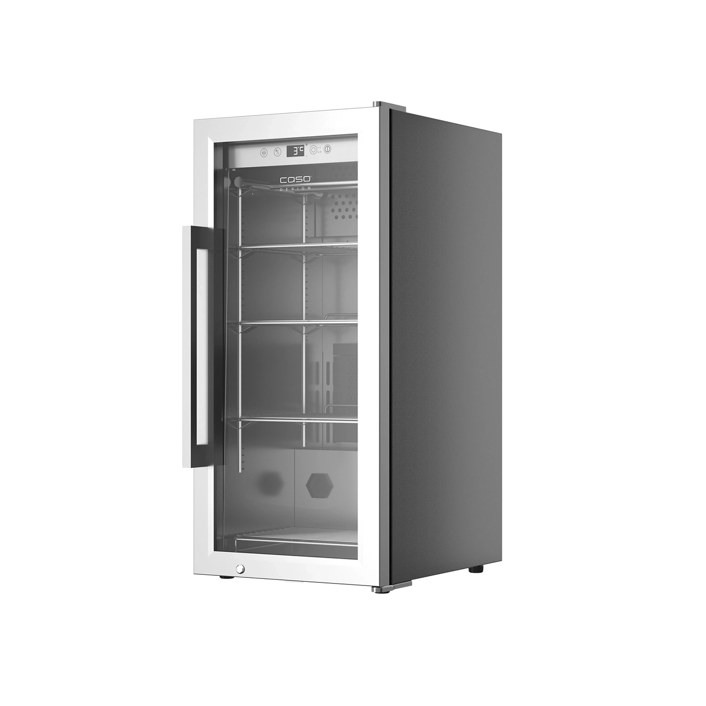 Ein moderner, silberner Kühlschrank mit Glastür und digitaler Anzeige.
