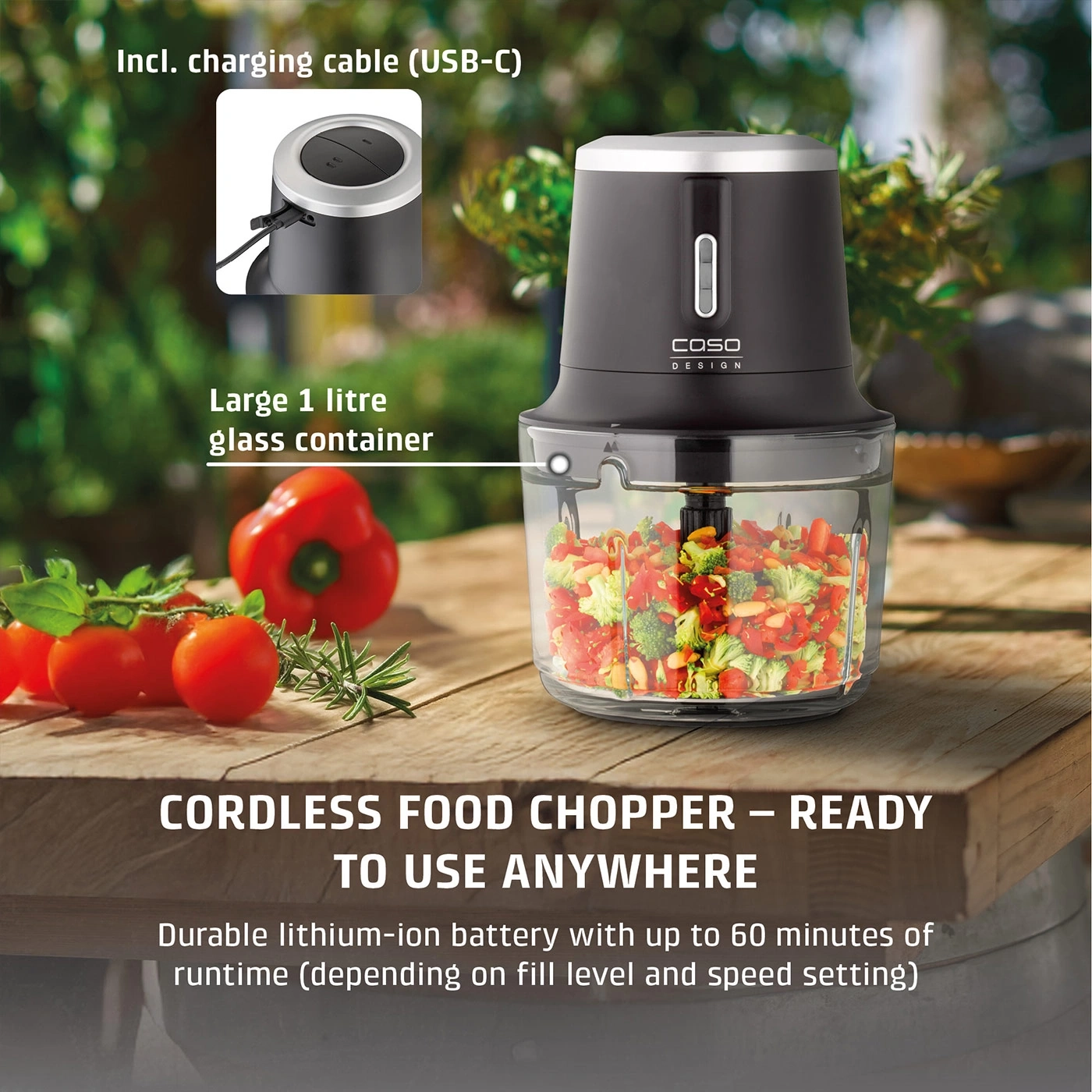 Cordless multi-chopper with 1L glass container and USB-C charging cable