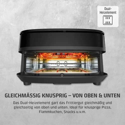 Ein Heißluftofen mit Doppelheizelement für gleichmäßig knusprige Ergebnisse von oben und unten.