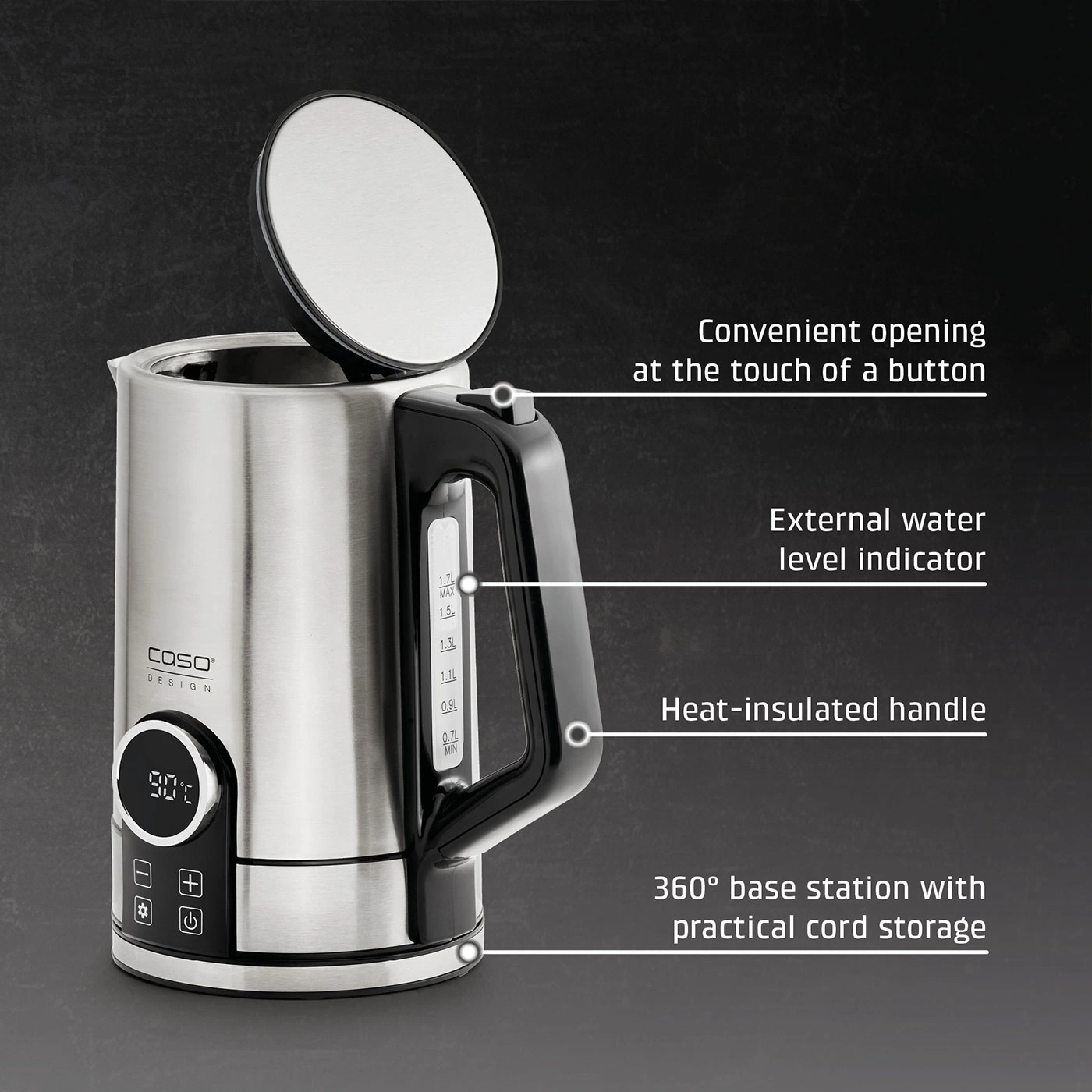 Stainless steel kettle with digital temperature display and handle.