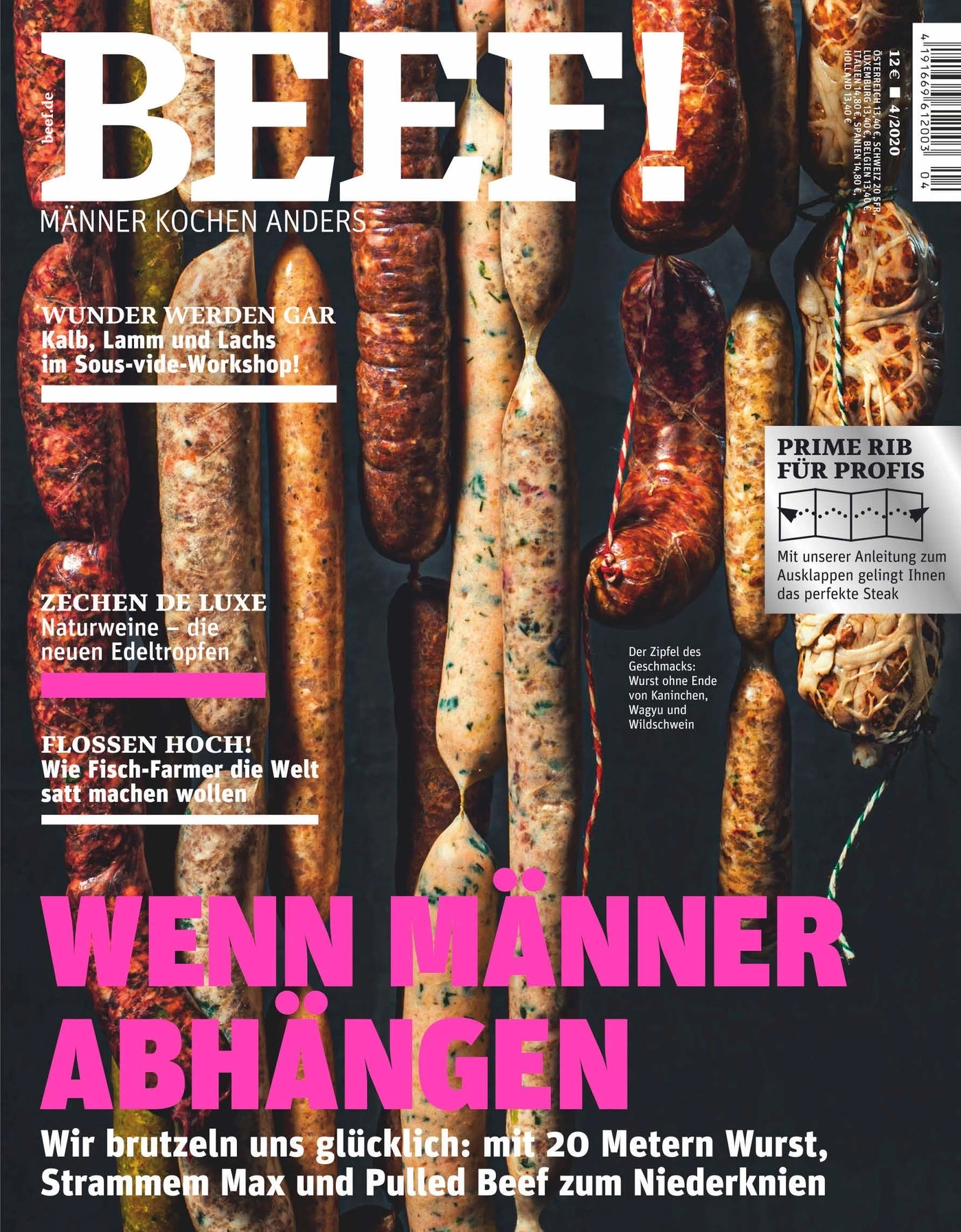 BEEF! Magazin Cover mit Würsten, Fleisch und Kochthemen für Männer.
