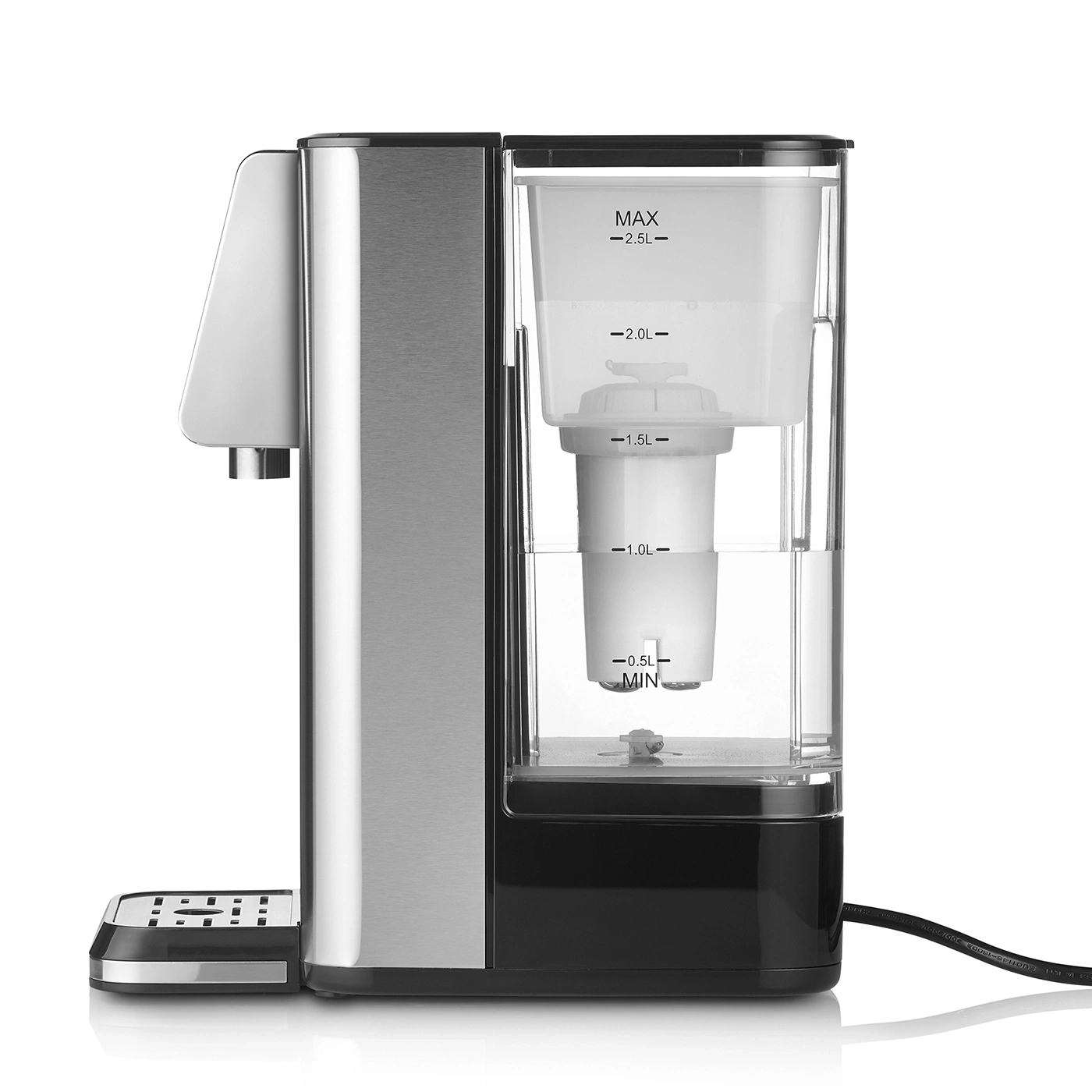Coffee machine with water tank and filter, stainless steel and black, modern