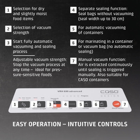 Vacuum sealer with features: dry, vacuum strength, auto, seal, containers, marinate, manual vacuum.