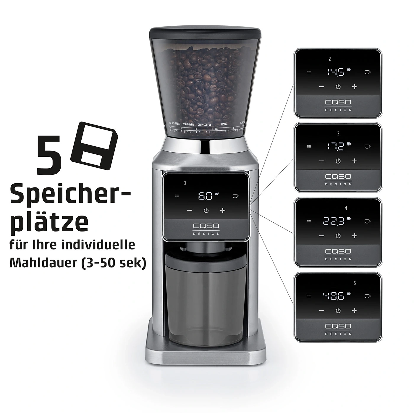 Kaffeemühle mit 5 Speicherplätzen für individuelle Mahldauer