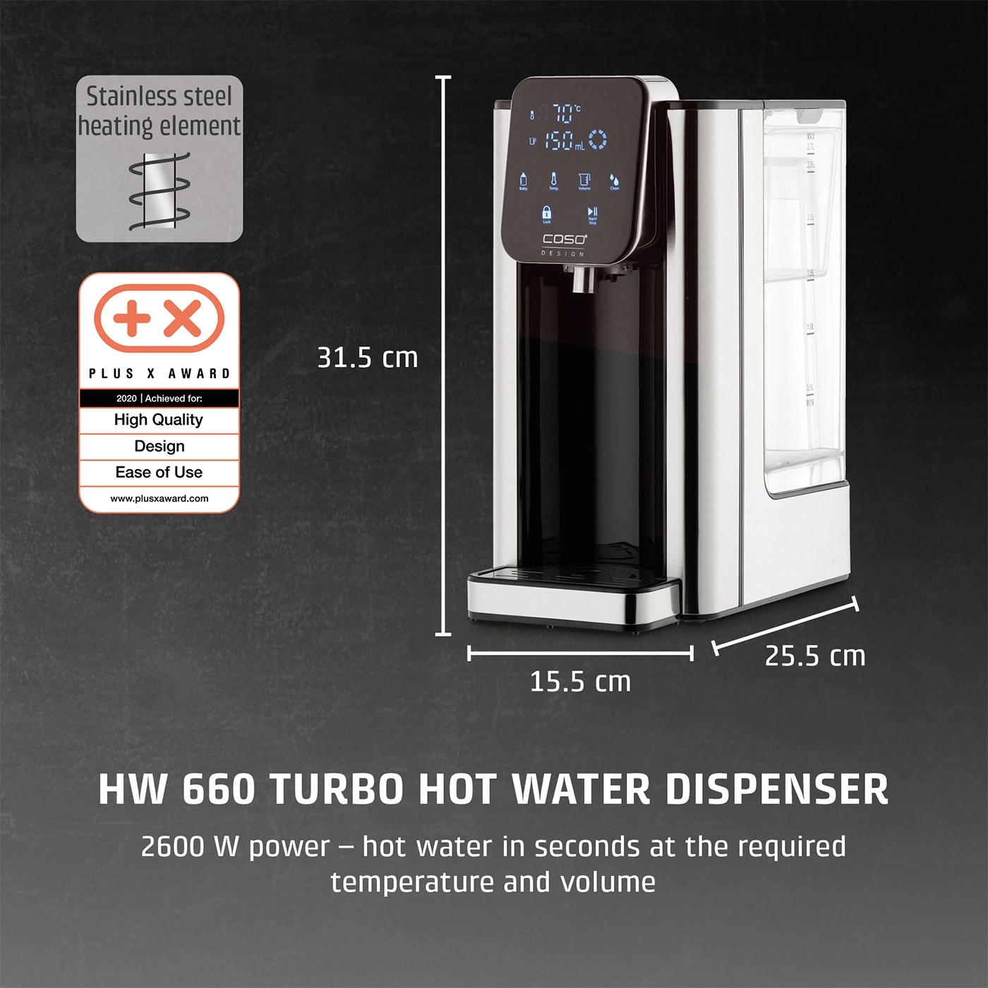 A silver hot water dispenser with a digital display and water tank.